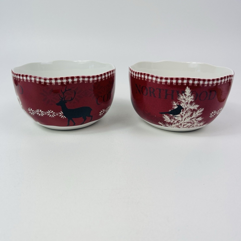 222 Fifth Northwood Cottage Bowls Set of 2 Winter Holiday Soup CerealRed Jumbo